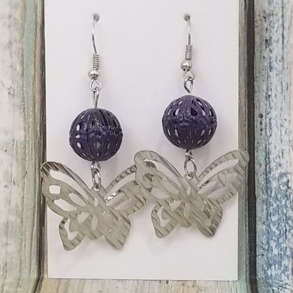 Hammered Textured Dangle Butterfly Earrings 2" Drop Purple Metal Filigree S16 - Picture 3 of 5